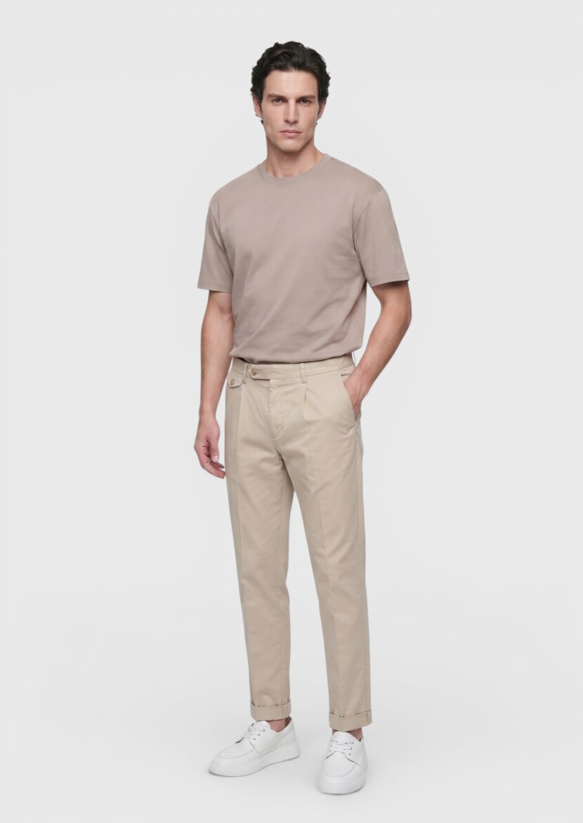 Beige Plain 100% Cotton T-Shirt - 4
