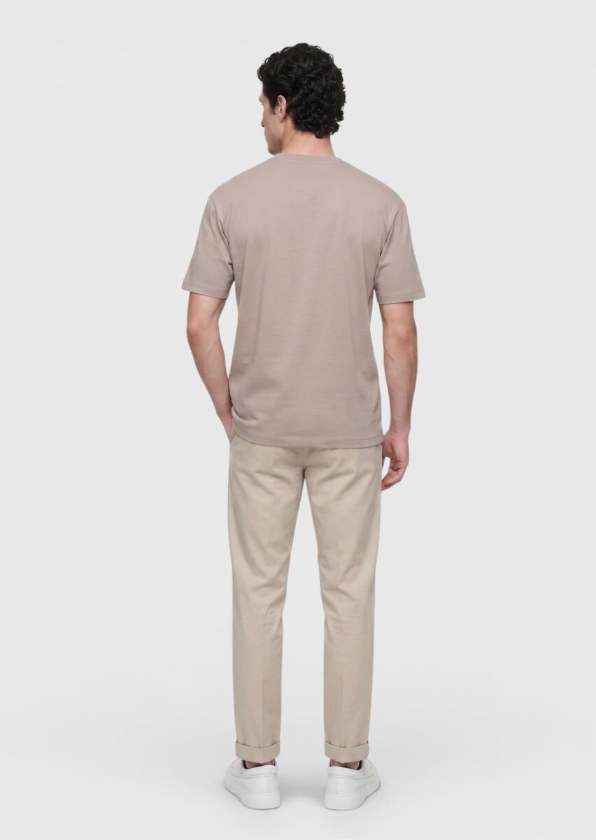 Beige Plain 100% Cotton T-Shirt - 5