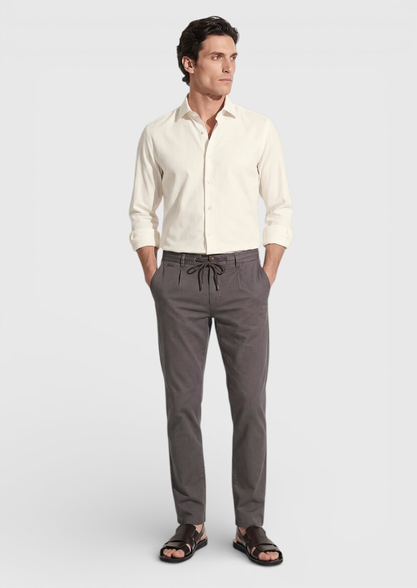 Beige Plain Casual Fit Long Weaving Casual 100% Cotton Shirt - 4