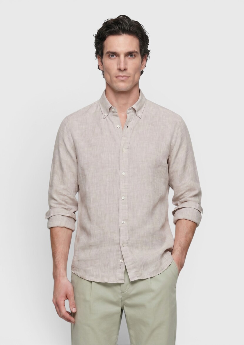 Beige Plain Casual Fit Long Weaving Casual 100% Linen Shirt - RAMSEY