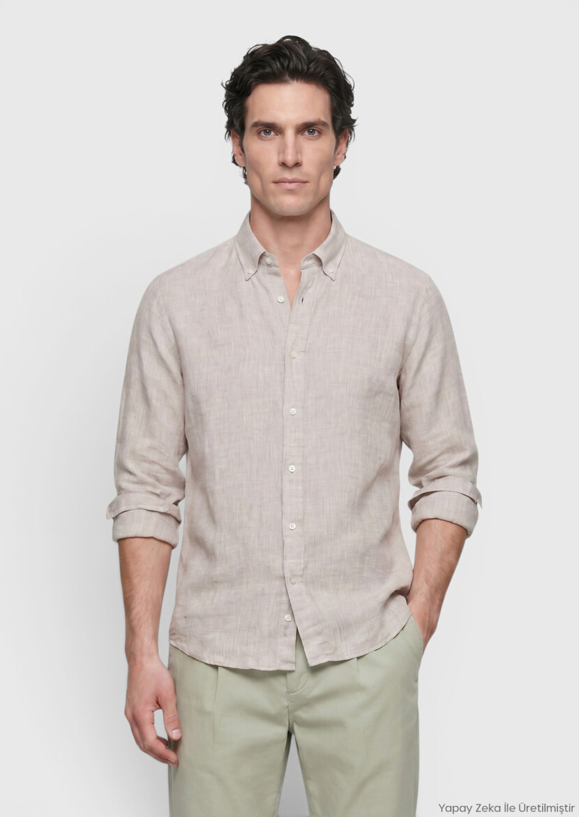 Beige Plain Casual Fit Long Weaving Casual 100% Linen Shirt - RAMSEY