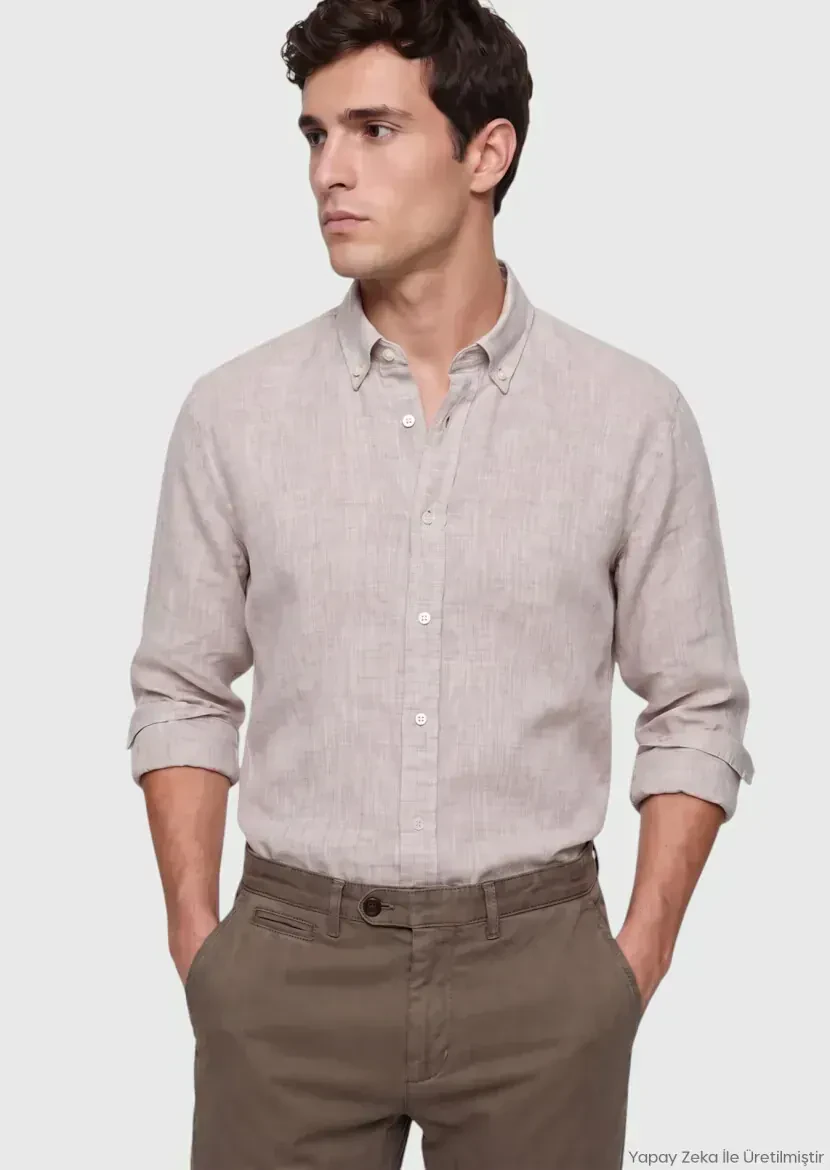 Beige Plain Casual Fit Long Weaving Casual 100% Linen Shirt - RAMSEY