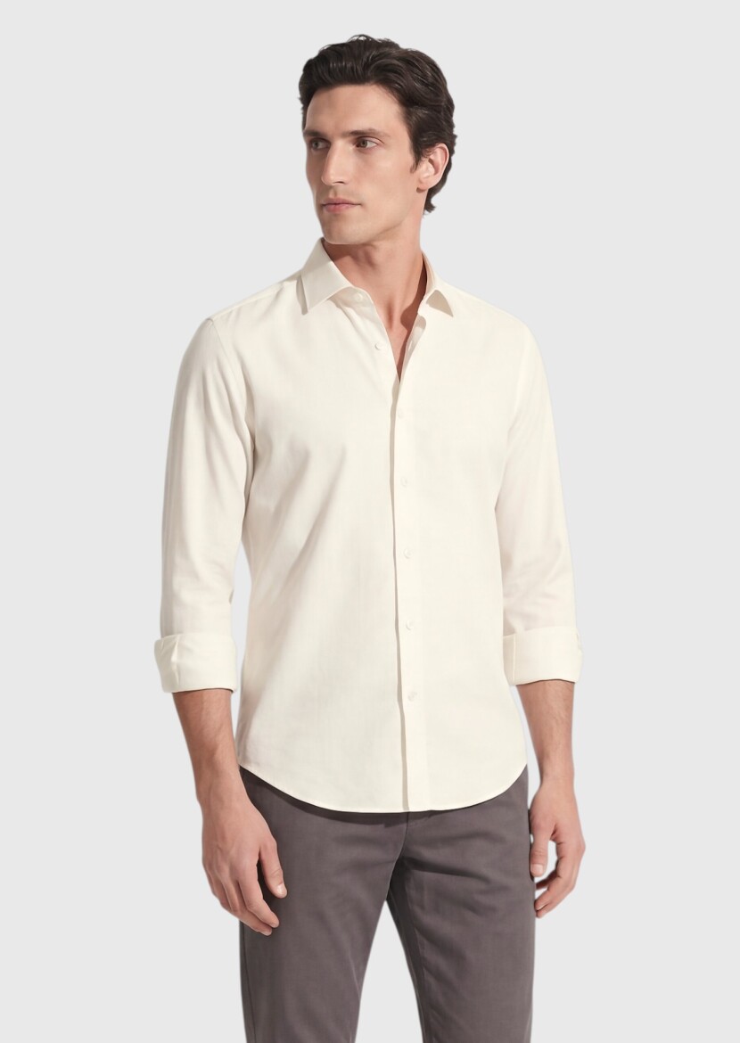 Beige Plain Casual Fit Weaving Casual 100% Cotton Shirt - RAMSEY