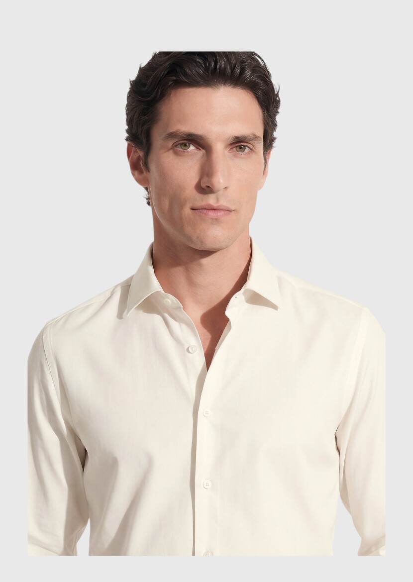 Beige Plain Casual Fit Weaving Casual 100% Cotton Shirt - 3