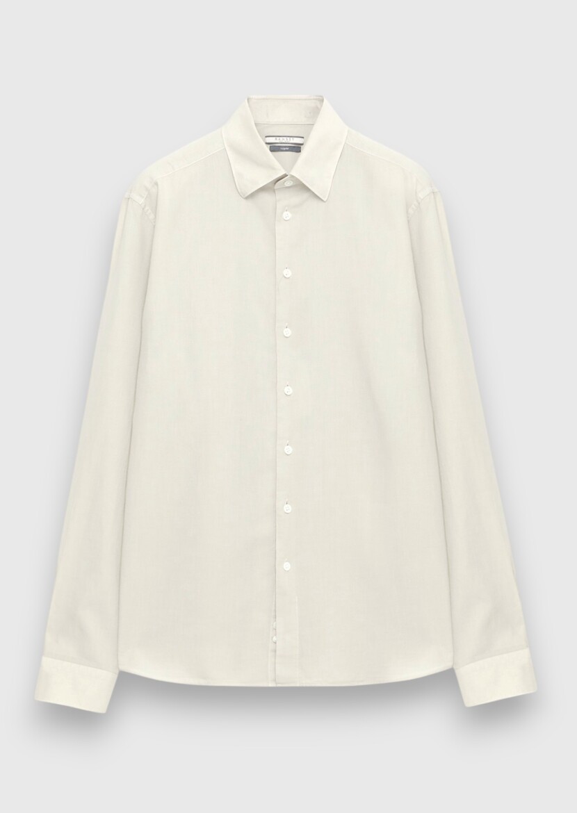 Beige Plain Casual Fit Weaving Casual 100% Cotton Shirt - 6