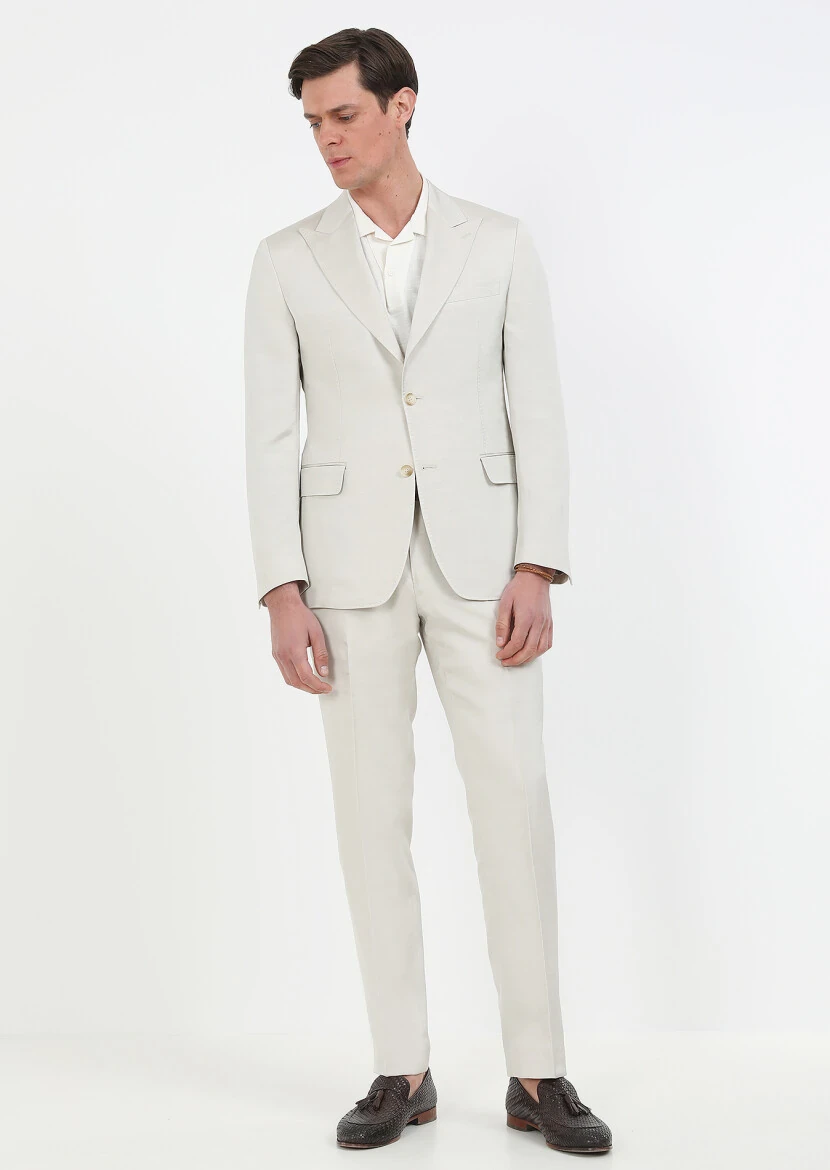Beige Plain Cotton Blended Suit - 1