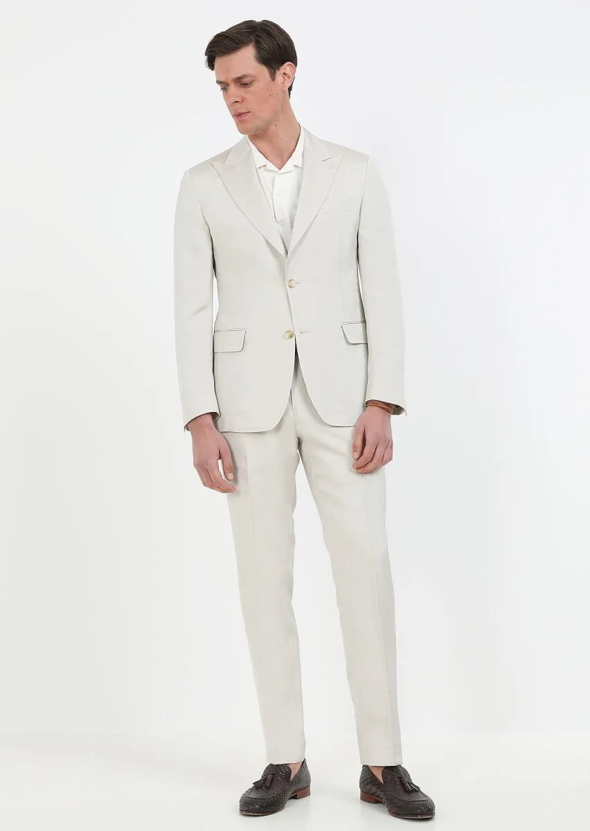 Beige Plain Cotton Blended Suit - 1