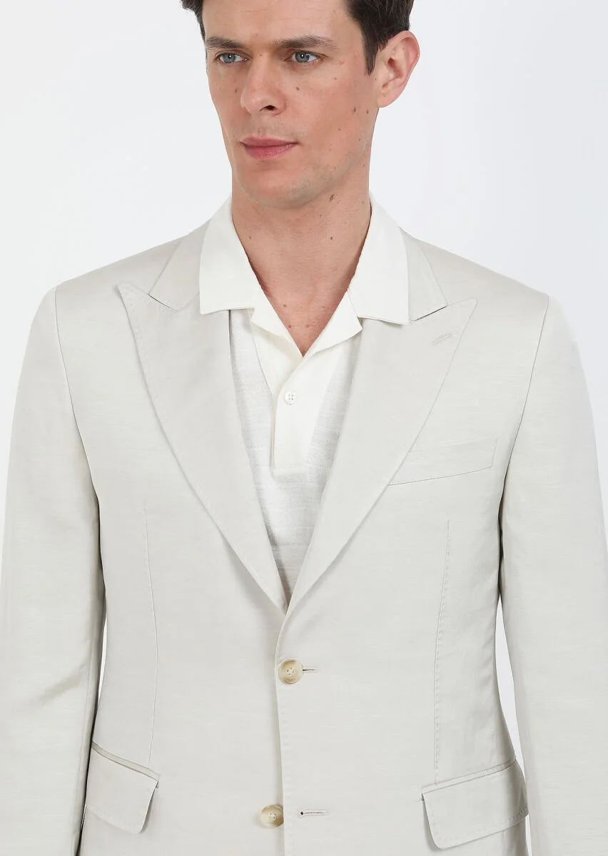 Beige Plain Cotton Blended Suit - 2