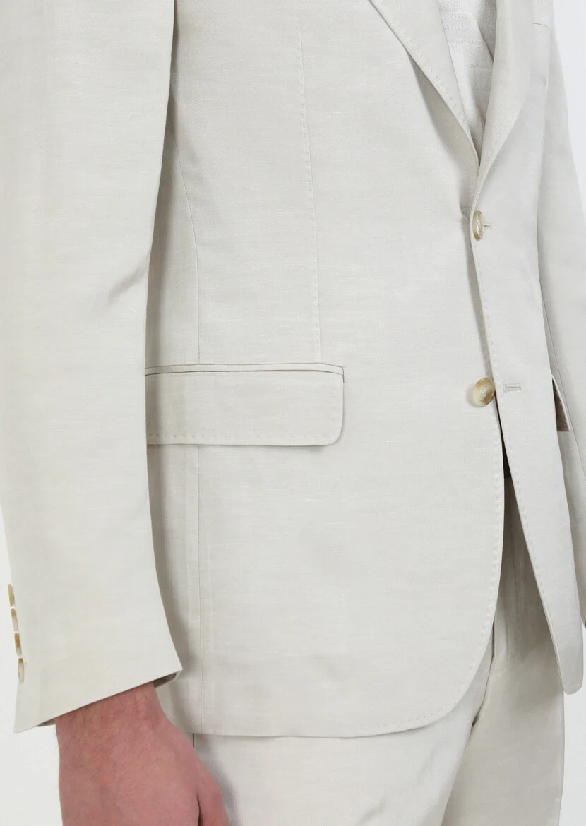 Beige Plain Cotton Blended Suit - 3