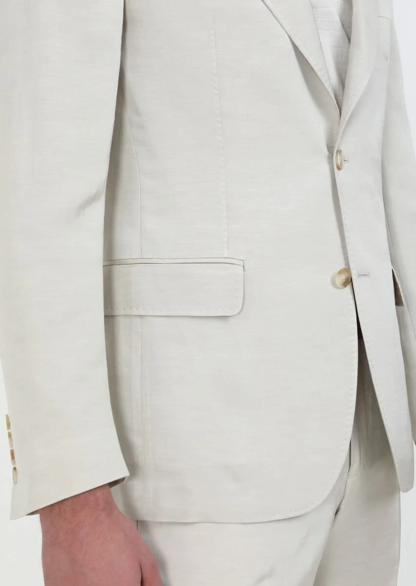 Beige Plain Cotton Blended Suit - 3