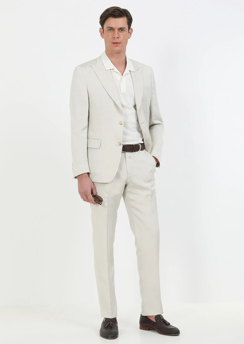 Beige Plain Cotton Blended Suit - 4