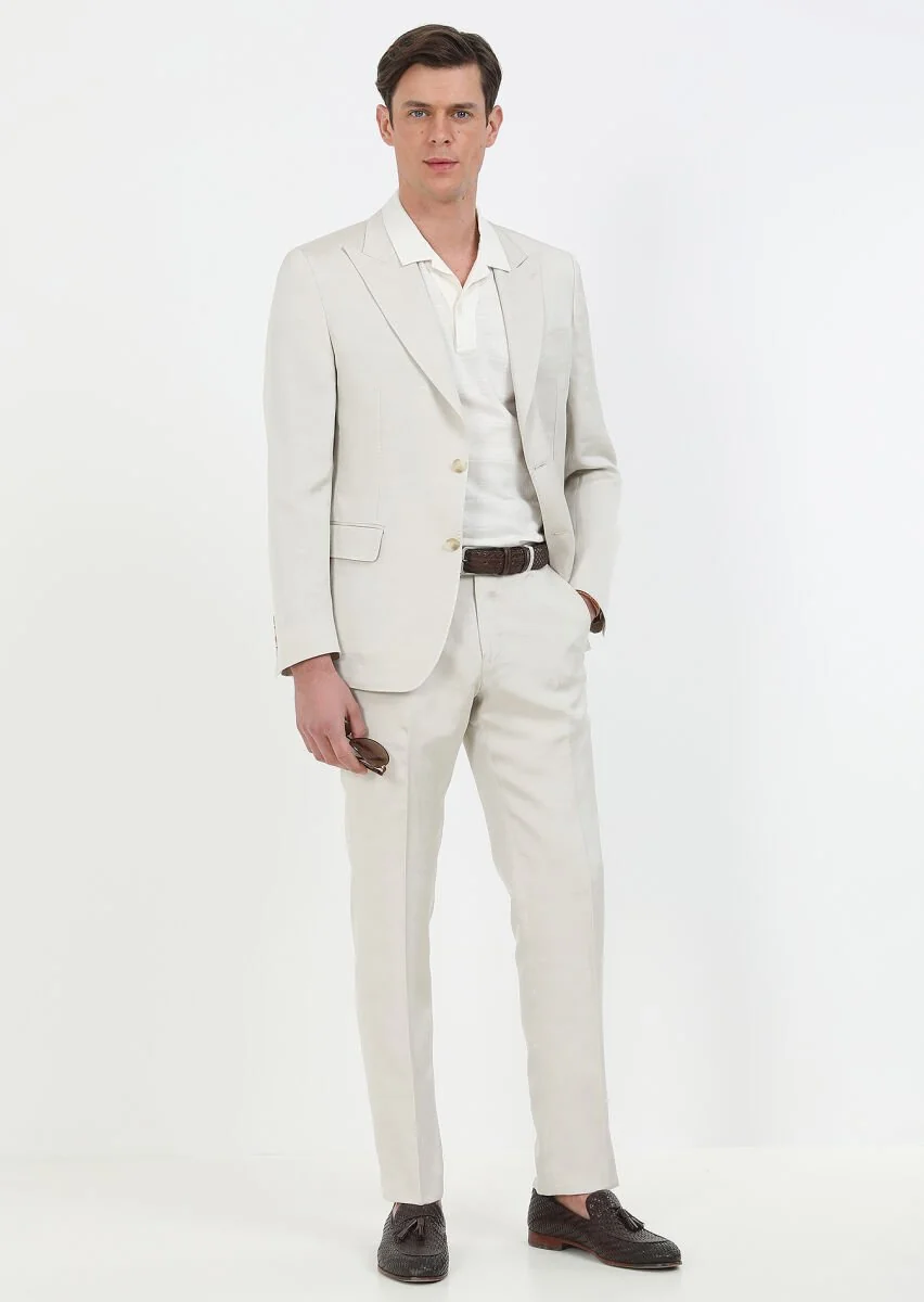 Beige Plain Cotton Blended Suit - 4