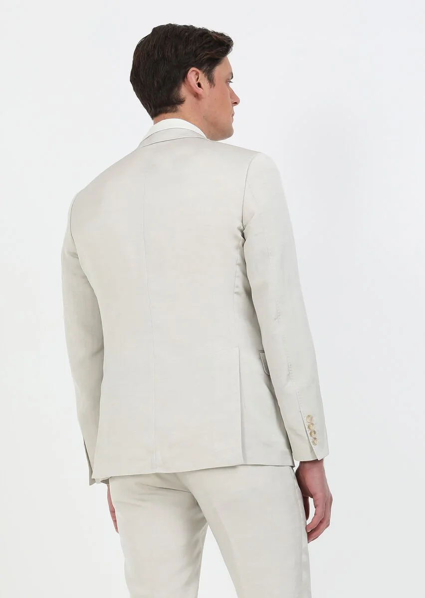 Beige Plain Cotton Blended Suit - 5