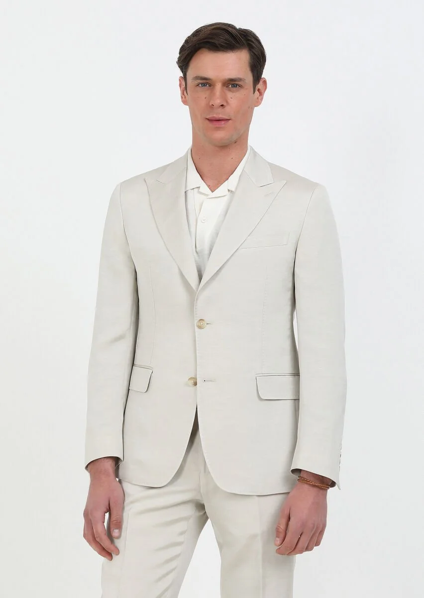 Beige Plain Cotton Blended Suit - 6