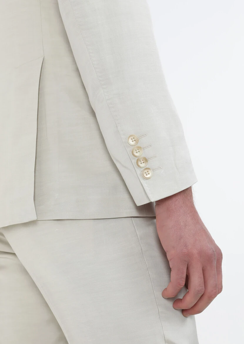 Beige Plain Cotton Blended Suit - 7