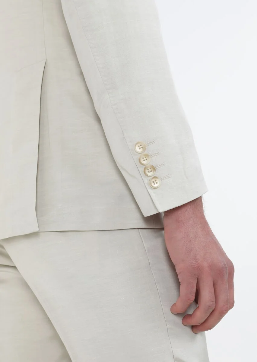 Beige Plain Cotton Blended Suit - 7