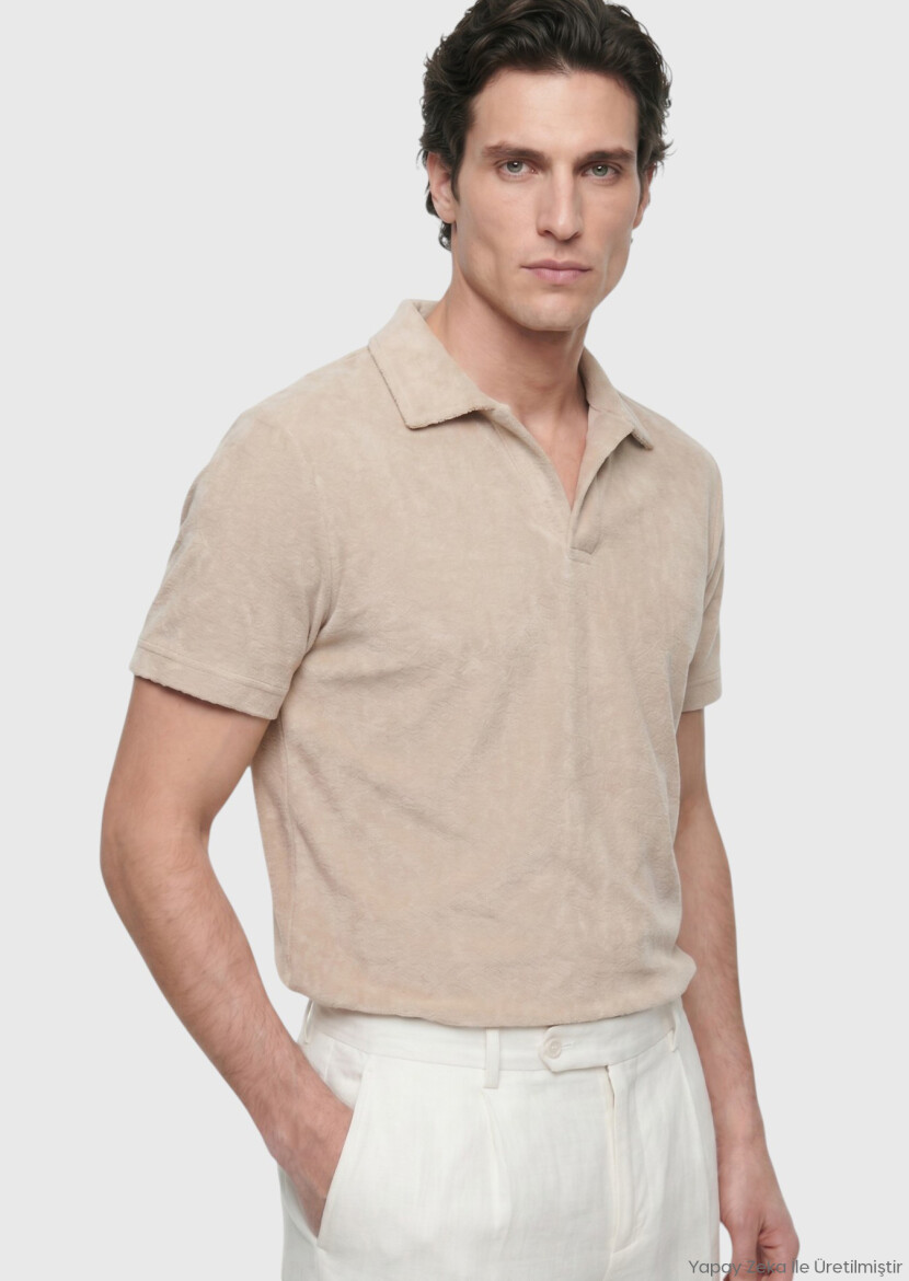 Beige Plain Cotton Blended T-Shirt - RAMSEY