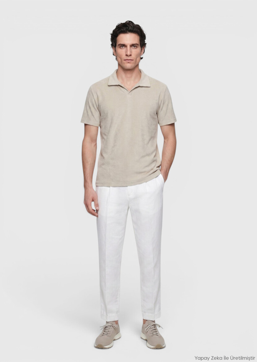 Beige Plain Cotton Blended T-Shirt - RAMSEY