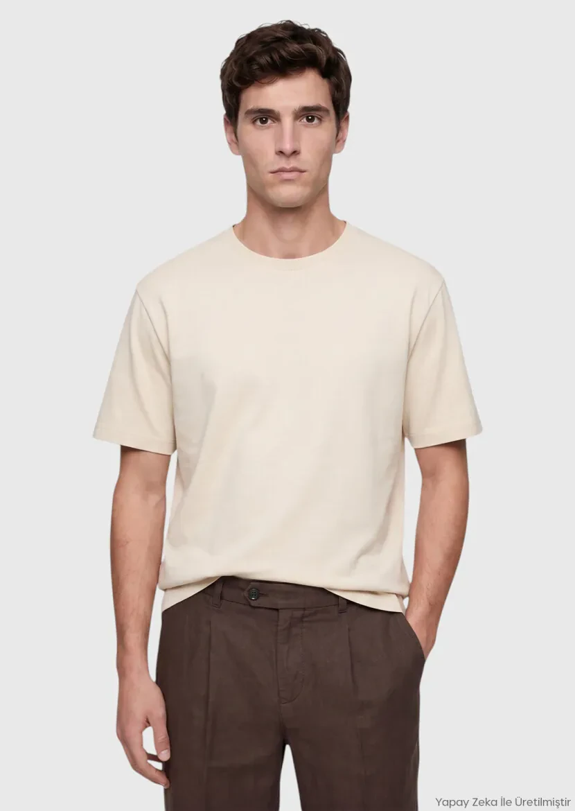 Beige Plain Cotton Blended T-Shirt - RAMSEY