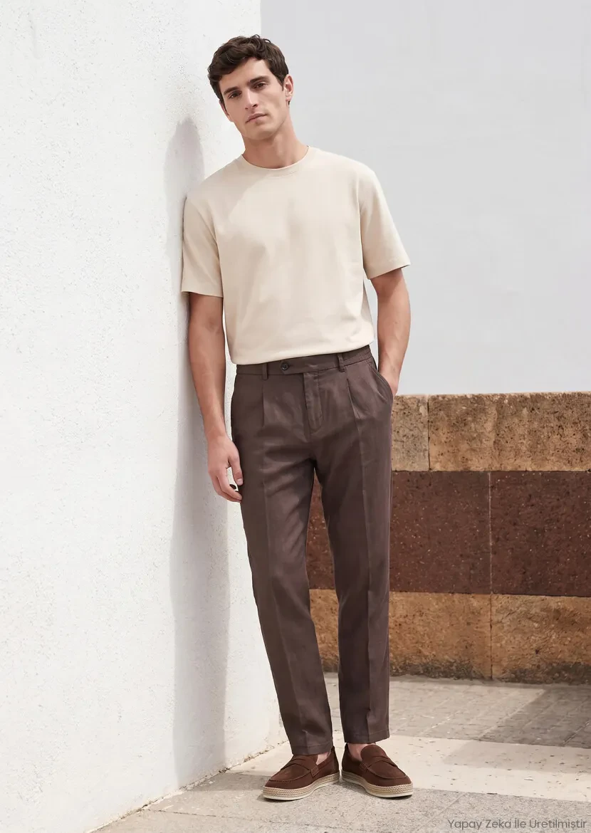 Beige Plain Cotton Blended T-Shirt - RAMSEY