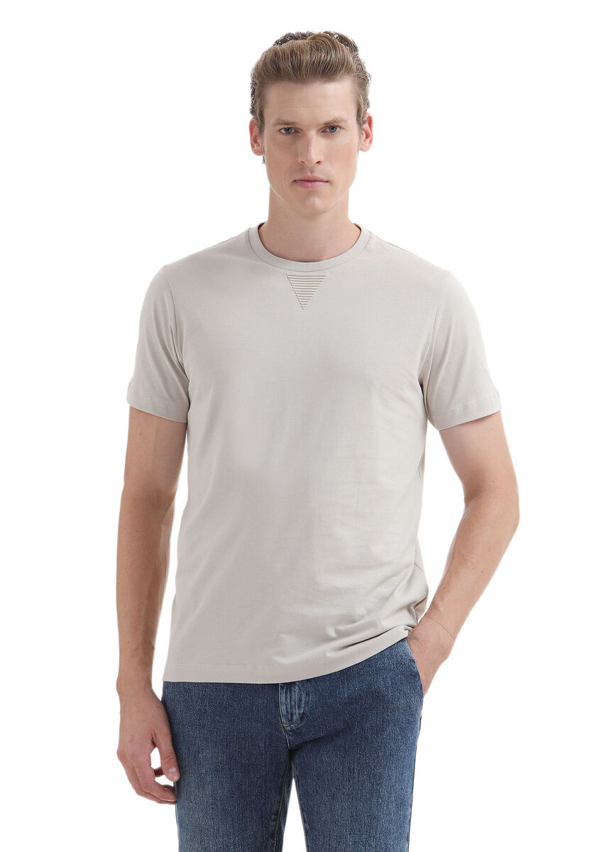 Beige Plain Crew Neck 100% Cotton T-Shirt - 1