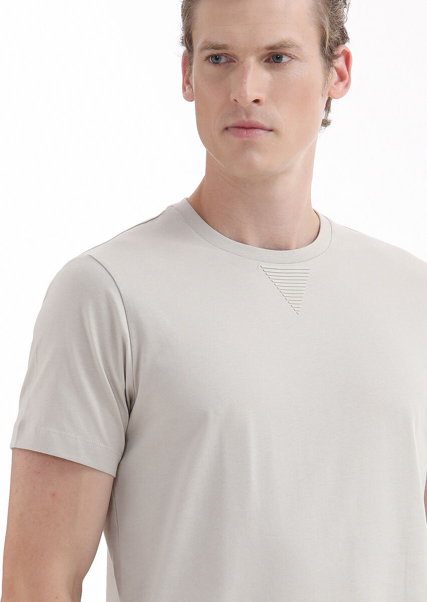 Beige Plain Crew Neck 100% Cotton T-Shirt - 3