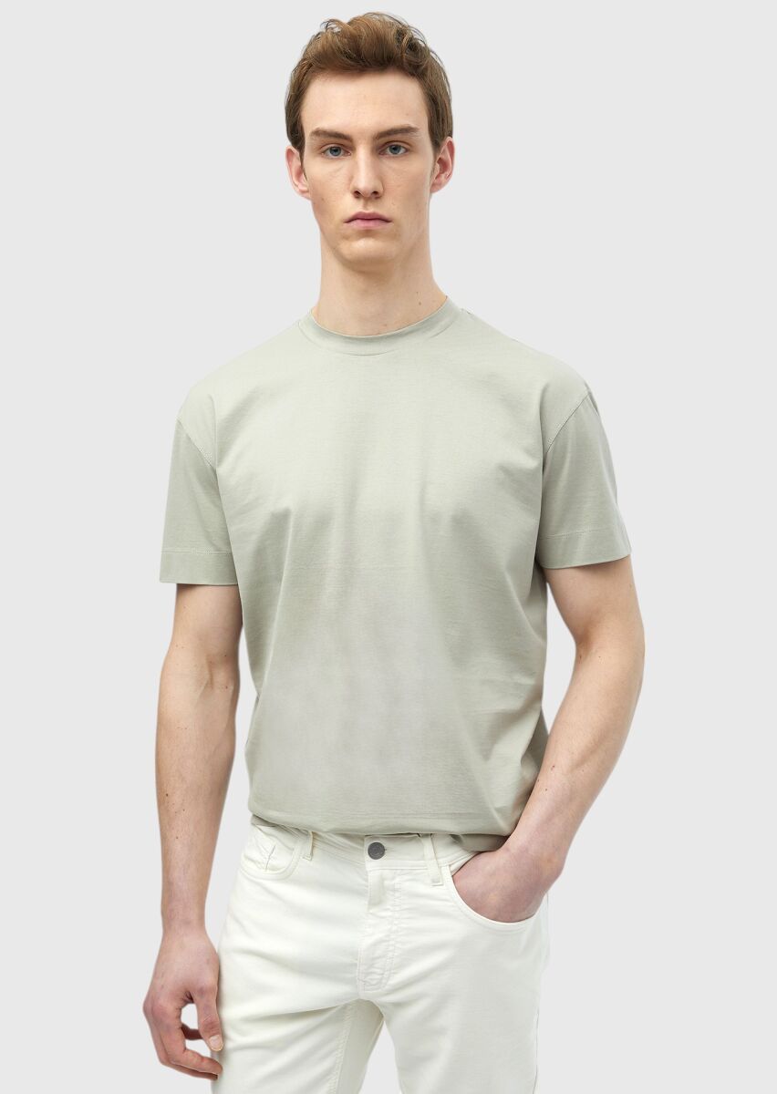 Beige Plain Crew Neck 100% Cotton T-Shirt - 1