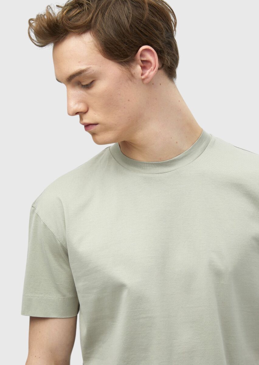 Beige Plain Crew Neck 100% Cotton T-Shirt - 3