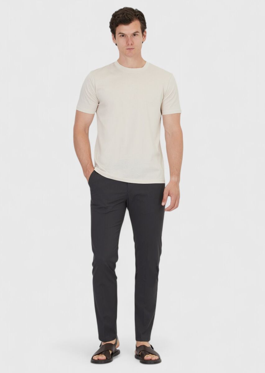 Beige Plain Crew Neck 100% Cotton T-Shirt - 2