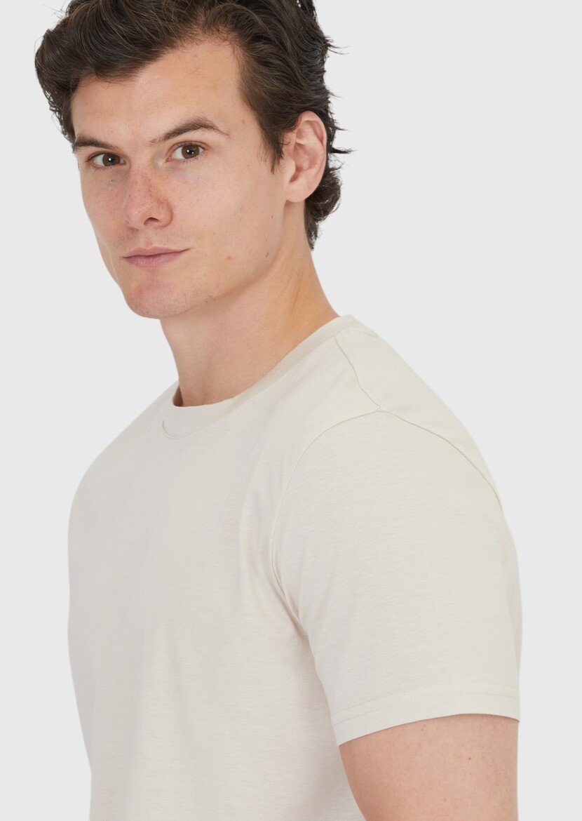 Beige Plain Crew Neck 100% Cotton T-Shirt - 4