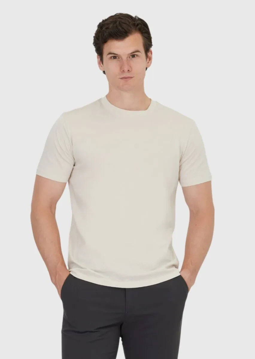Beige Plain Crew Neck 100% Cotton T-Shirt - 1