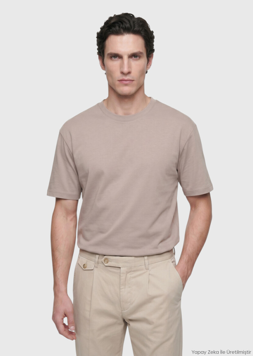 Beige Plain Crew Neck 100% Cotton T-Shirt - RAMSEY