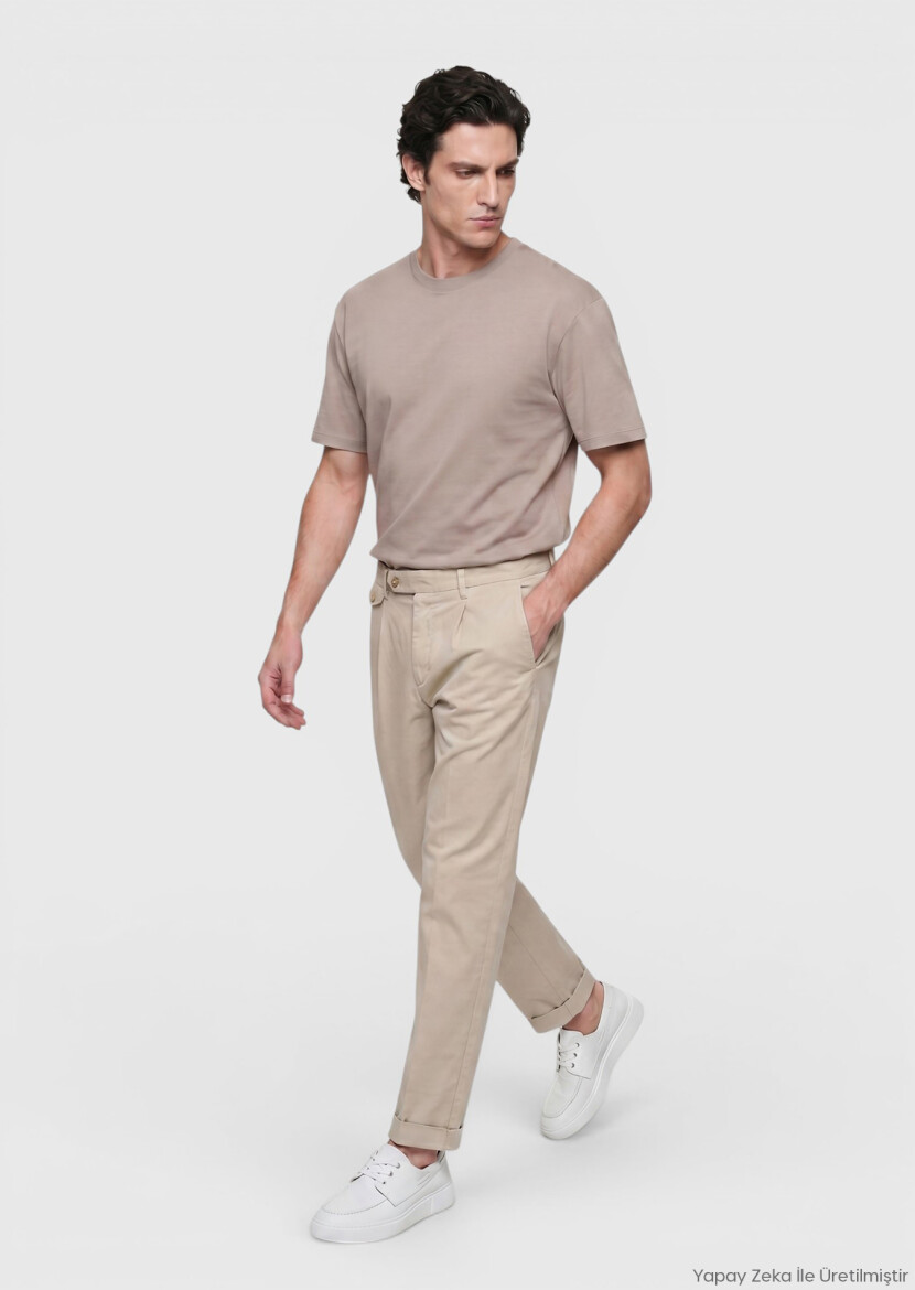 Beige Plain Crew Neck 100% Cotton T-Shirt - RAMSEY