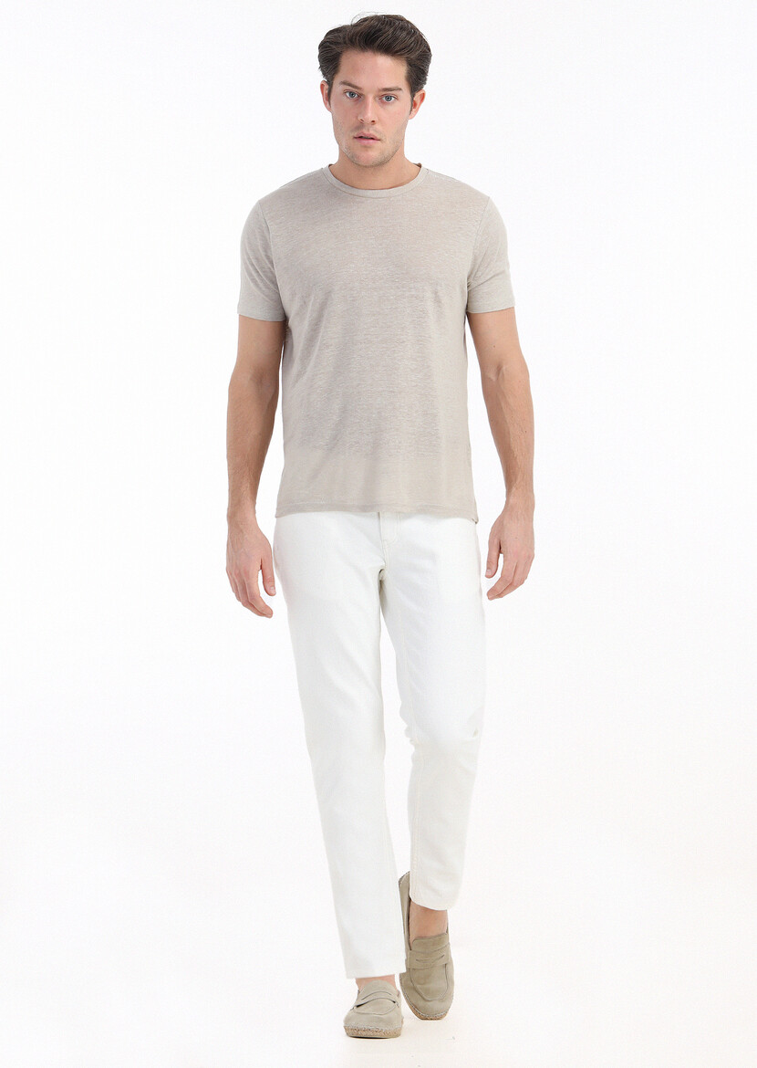 Beige Plain Crew Neck 100% Linen T-Shirt 