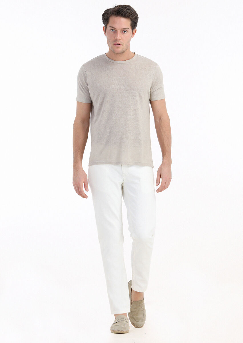 Beige Plain Crew Neck 100% Linen T-Shirt - 1