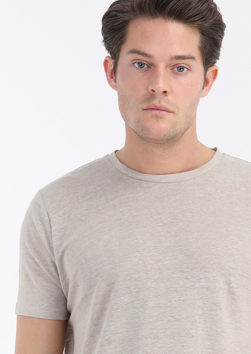 Beige Plain Crew Neck 100% Linen T-Shirt - 3