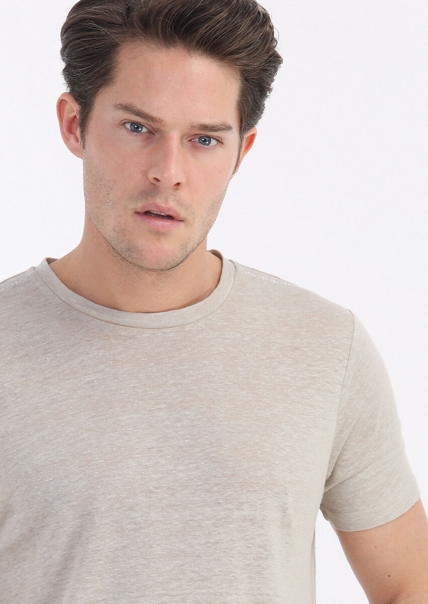 Beige Plain Crew Neck 100% Linen T-Shirt - 5