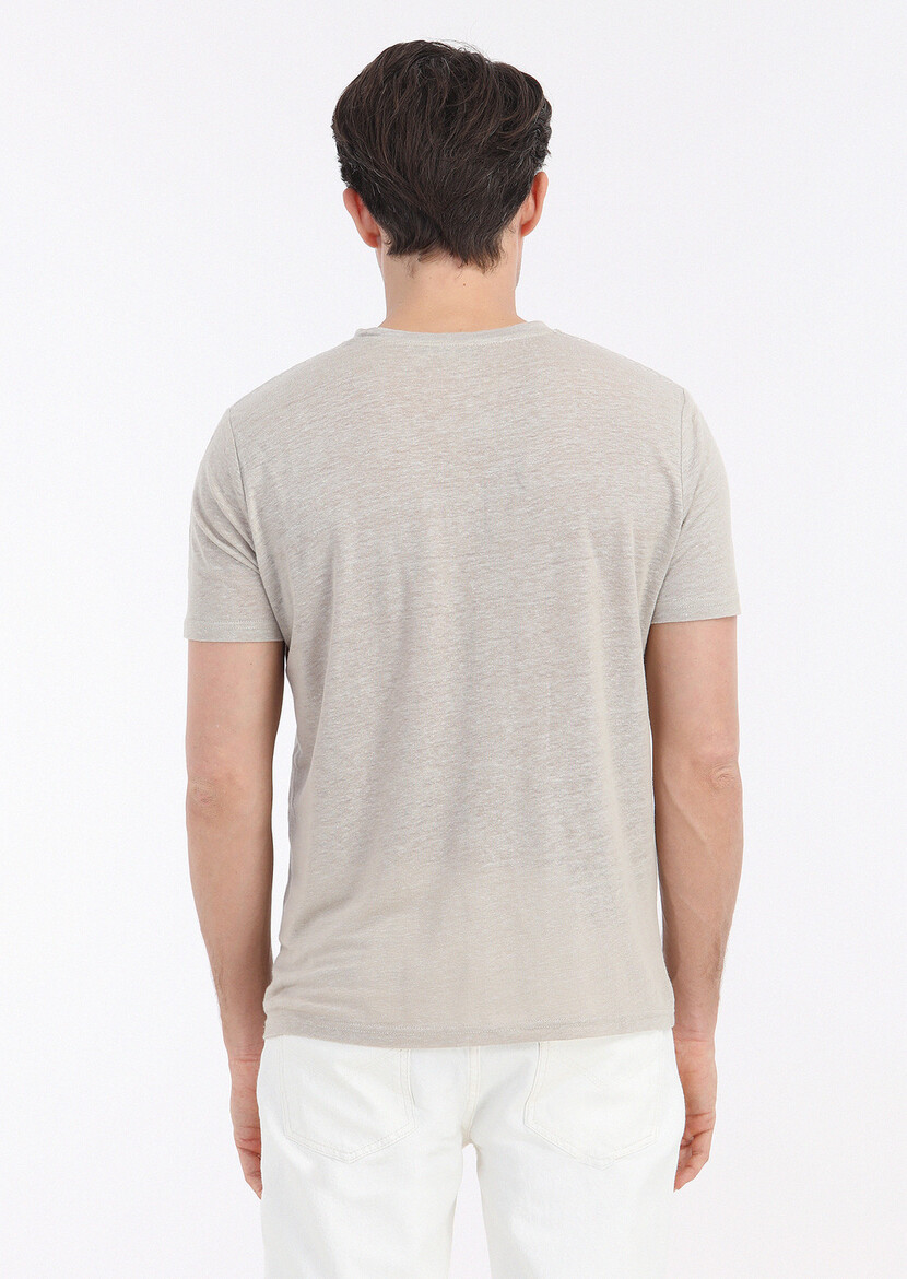 Beige Plain Crew Neck 100% Linen T-Shirt - 6