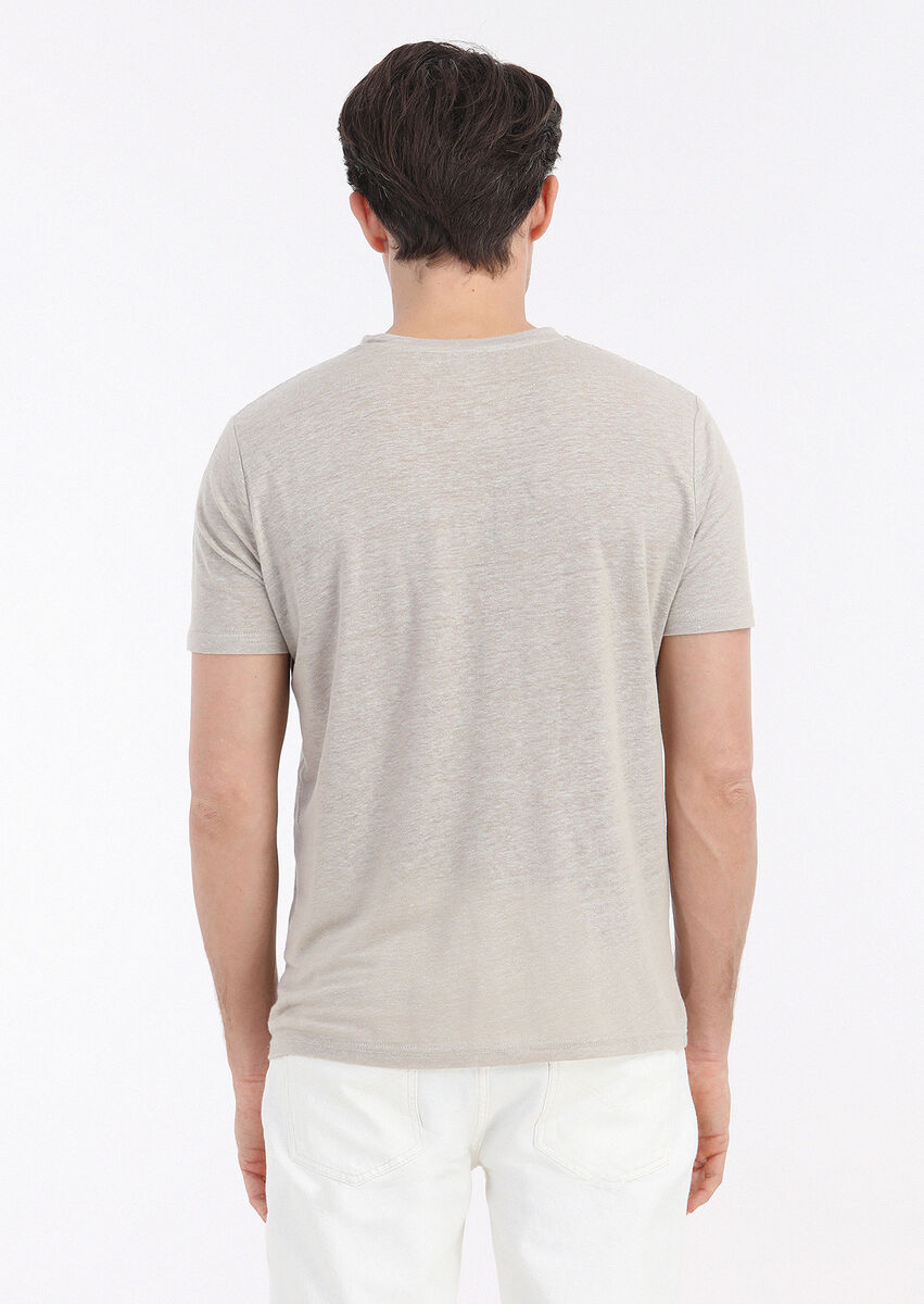 Beige Plain Crew Neck 100% Linen T-Shirt - 6