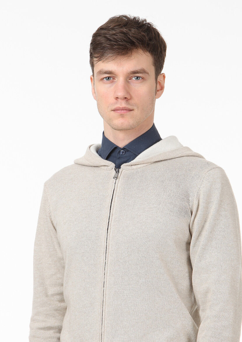 Beige Plain Knitting Wool Blended Cardigan - 2