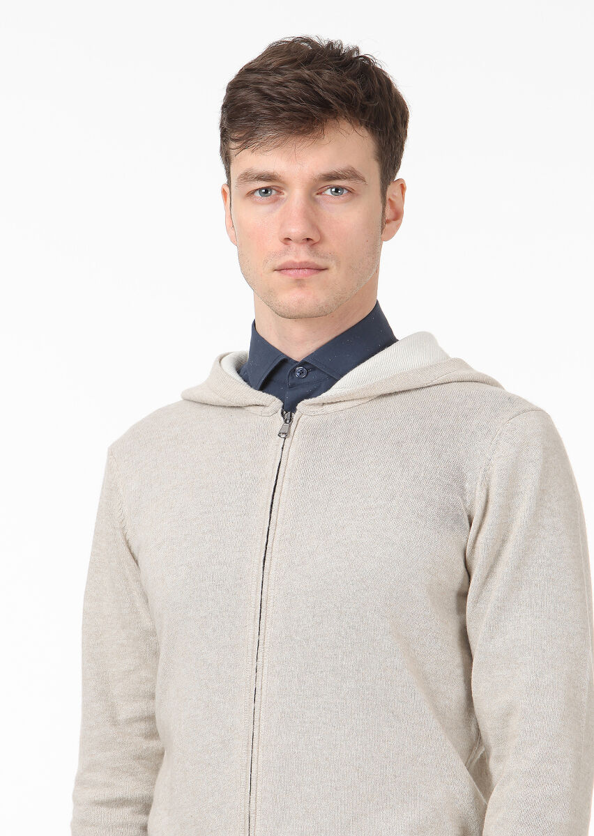 Beige Plain Knitting Wool Blended Cardigan - 2