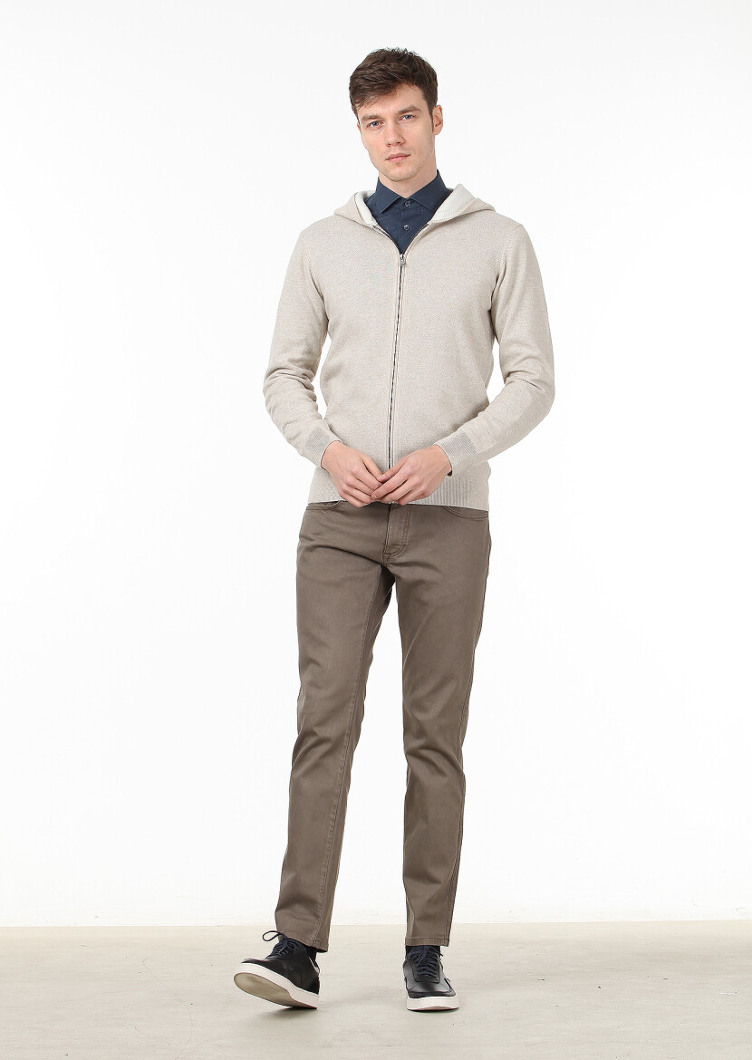 Beige Plain Knitting Wool Blended Cardigan - 3