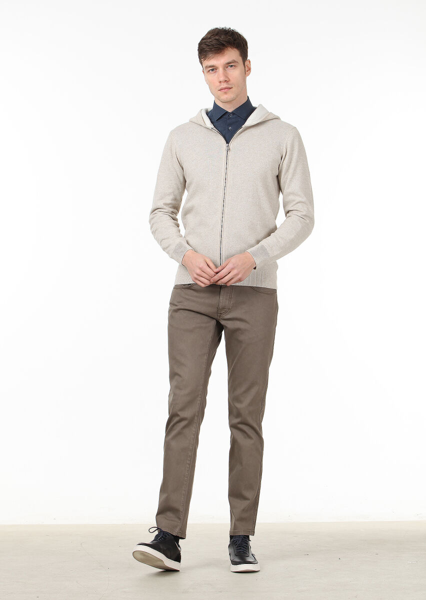 Beige Plain Knitting Wool Blended Cardigan - 3