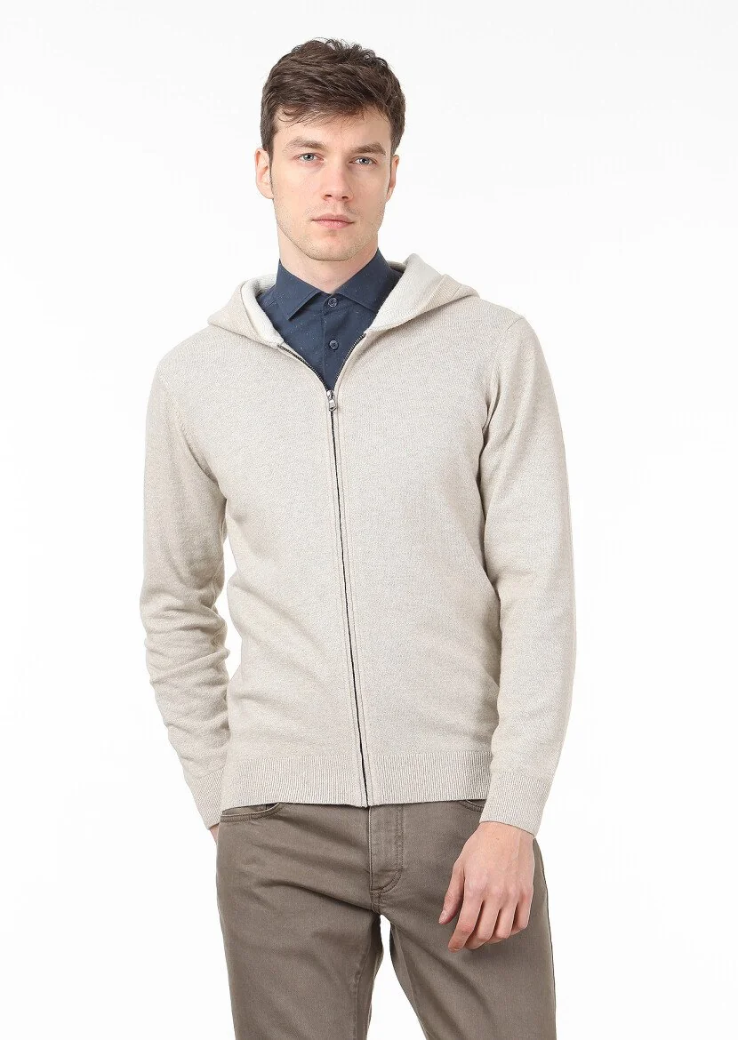 Beige Plain Knitting Wool Blended Cardigan - 1