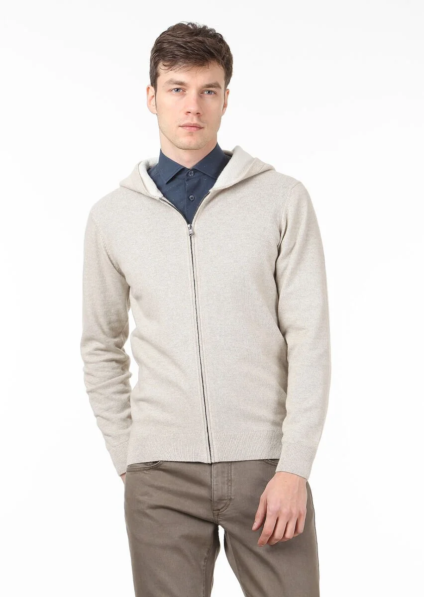 Beige Plain Knitting Wool Blended Cardigan - 1