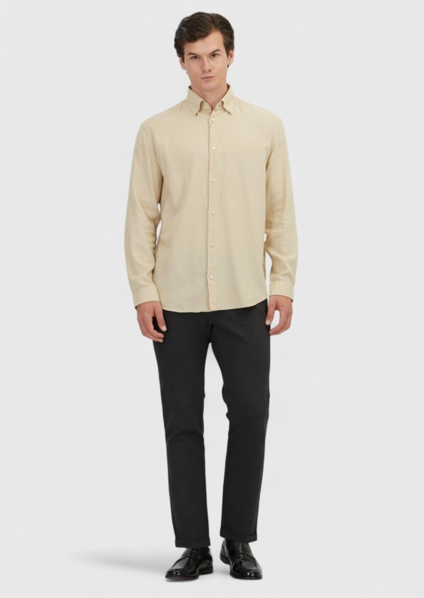 Beige Plain Loose Fit Long Weaving Casual Wool Blended Shirt - RAMSEY