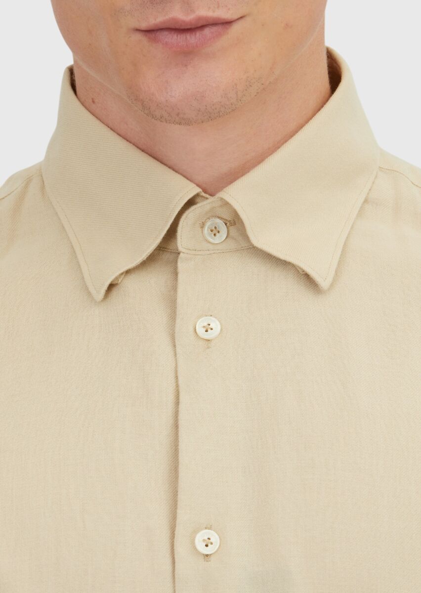 Beige Plain Loose Fit Long Weaving Casual Wool Blended Shirt - 4