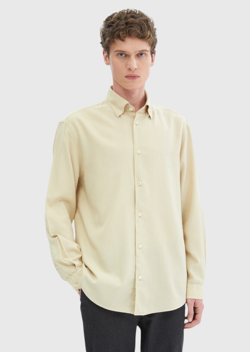 Beige Plain Loose Fit Weaving Casual Wool Blended Shirt 