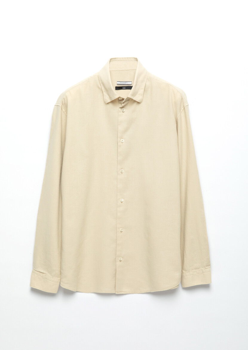 Beige Plain Loose Fit Weaving Casual Wool Blended Shirt - 7