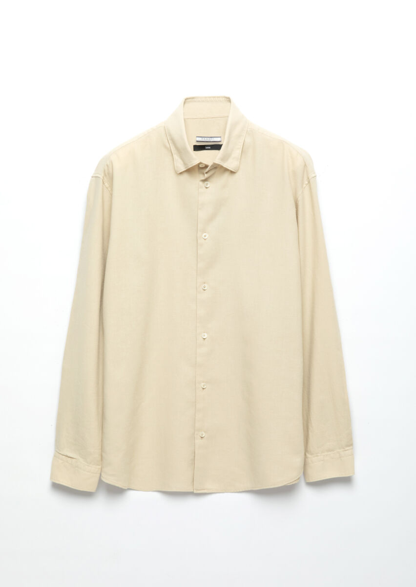 Beige Plain Loose Fit Weaving Casual Wool Blended Shirt - 7